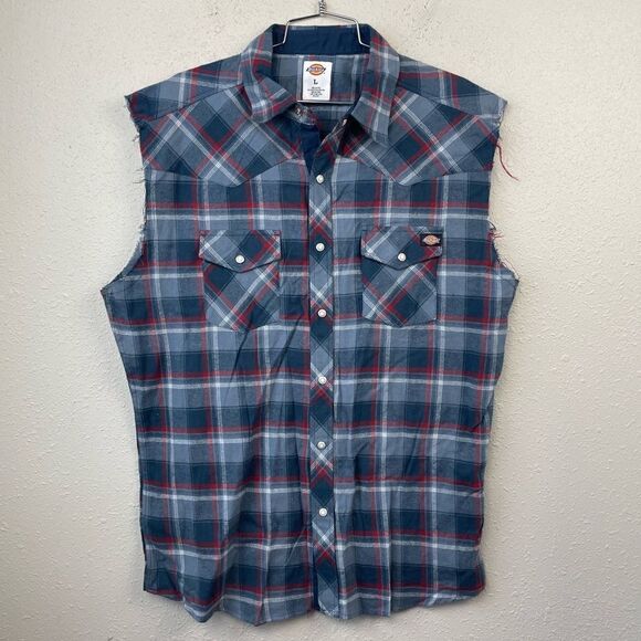 Dickies Raw Edge No Sleeve Button Down Shirt Size L EUC - Picture 1 of 5